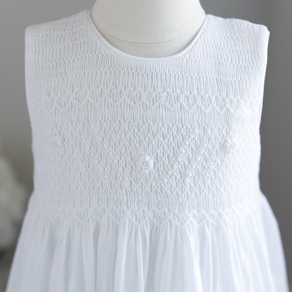 Strasburg Dress White Cotton Smocked Pearls Sleeveless Size 6/9 Months PERFECT - Picture 3 of 7